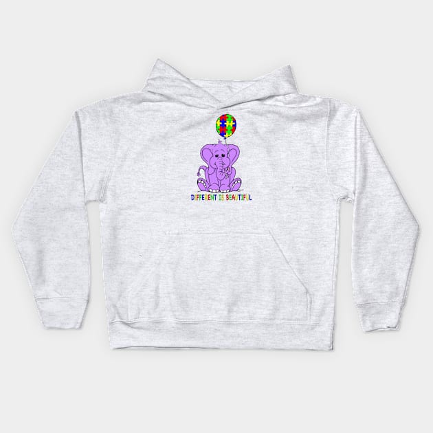 Autism Awareness Baby Purple Elephant DIFFERENT IS BEAUTIFUL Kids Hoodie by ScottyGaaDo